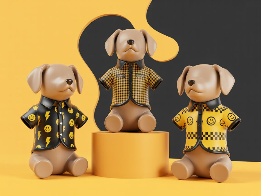 Stylish dog mannequins wearing trendy yellow and black shirts.