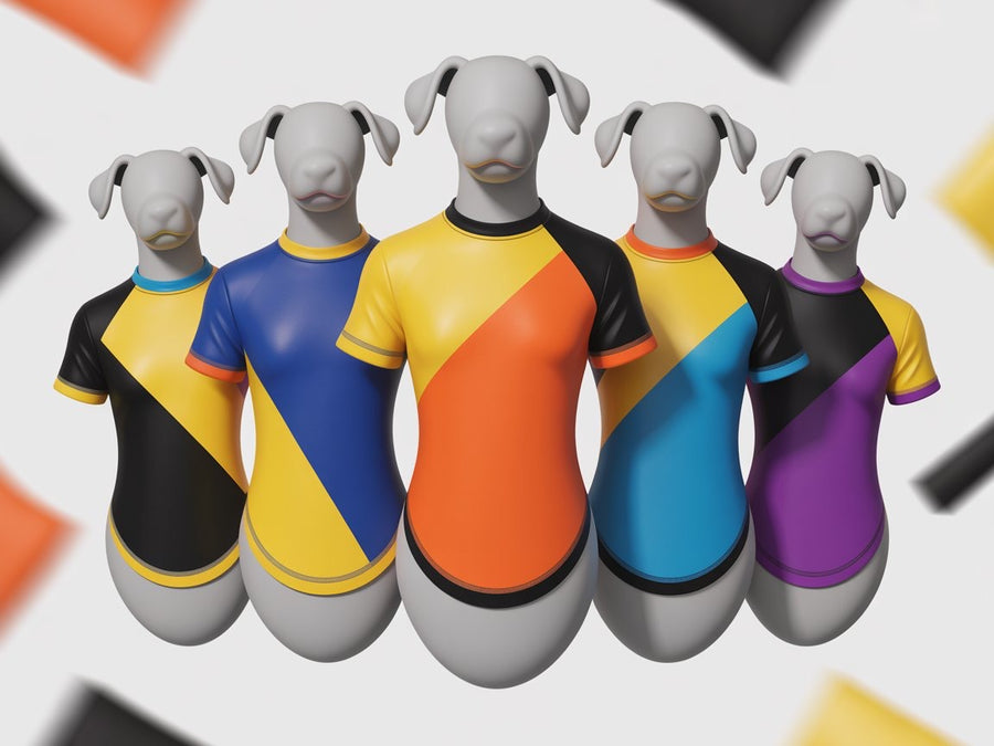 Stylish dog t-shirts in bold geometric color block designs