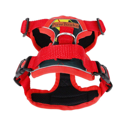 Front view of PawTaaka Reflective Dog Vest Harness in red and black, featuring secure buckles and soft mesh for comfort and safety.