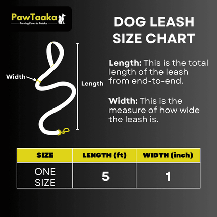 PawTaaka PlayPaws Dog Leash size chart showing 5 ft length and 1 inch width, ideal for pet owners seeking a fun and durable leash.