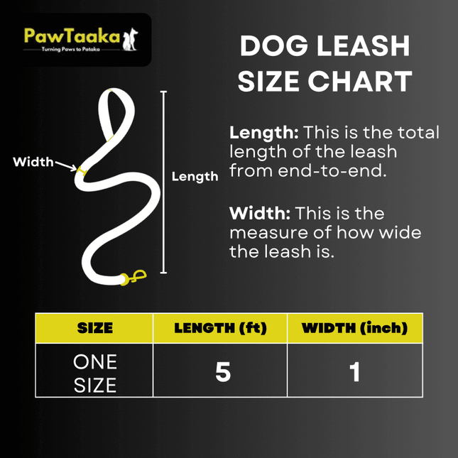 PawTaaka PlayPaws Dog Leash size chart showing 5 ft length and 1 inch width, ideal for pet owners seeking a fun and durable leash.