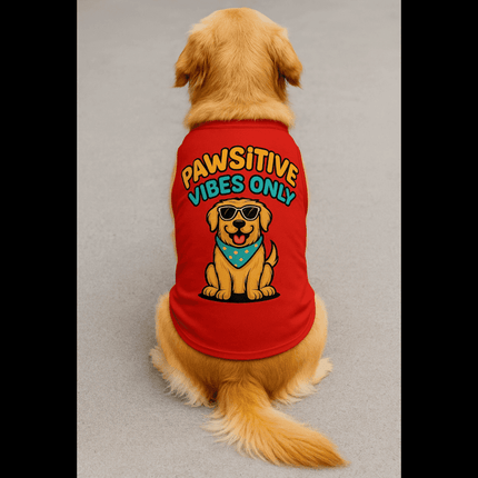 Dog sitting on pavement in PawTaaka red t-shirt with cheerful 'Pawsitive Vibes Only' design, great for casual pet fashion.