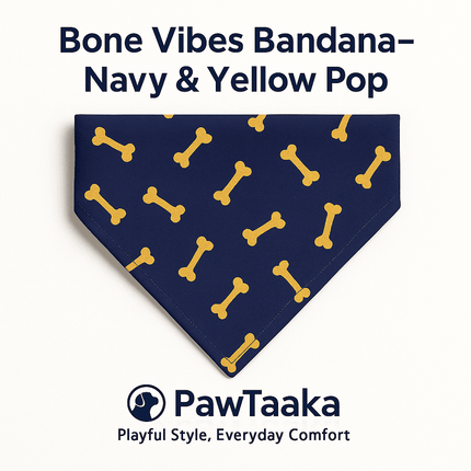 Close-up of PawTaaka Bone Vibes Dog Bandana in navy and yellow pop, featuring bold bone pattern and premium cotton fabric.
