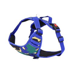 Angled view of PawTaaka Blue Jungle Camo Dog Harness highlighting reflective trim, adjustable fit, and vibrant camo pattern.