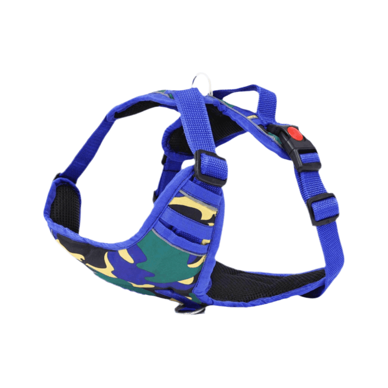 Angled view of PawTaaka Blue Jungle Camo Dog Harness highlighting reflective trim, adjustable fit, and vibrant camo pattern.