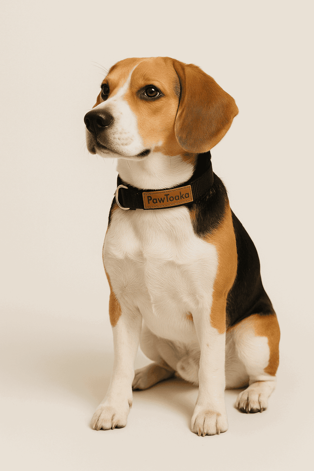Beagle wearing PawTaaka Basics Solid Strap Collar – Midnight Black, showcasing fit and comfort for medium-sized dogs in pet accessories category.