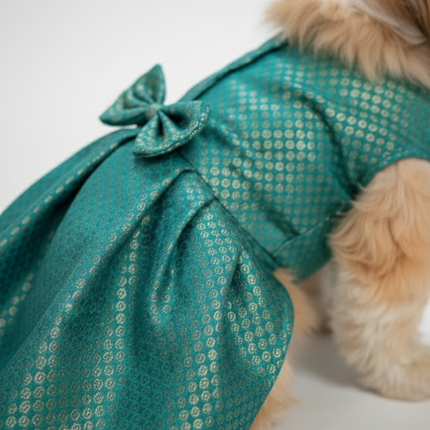 PawTaaka Teal Brocade Bow Dress for Dogs - Festive & Ethnic Wear
