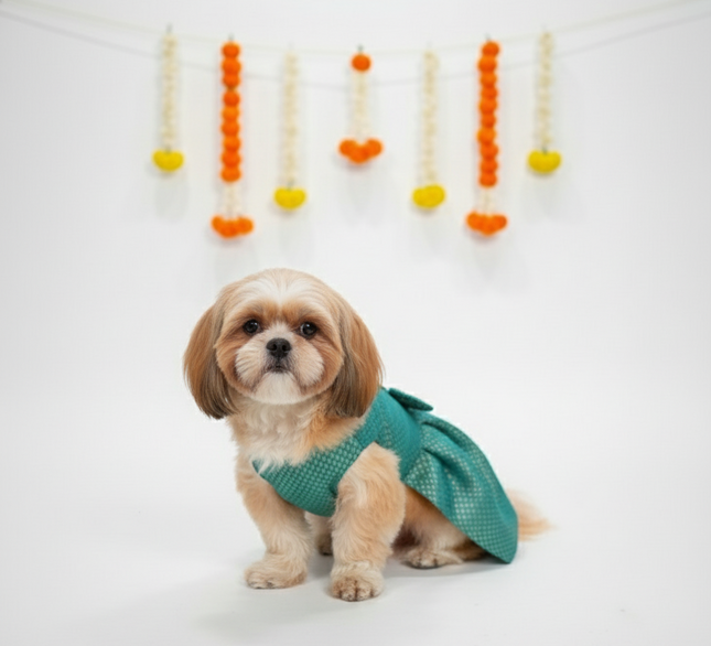 PawTaaka Teal Brocade Bow Dress for Dogs - Festive & Ethnic Wear