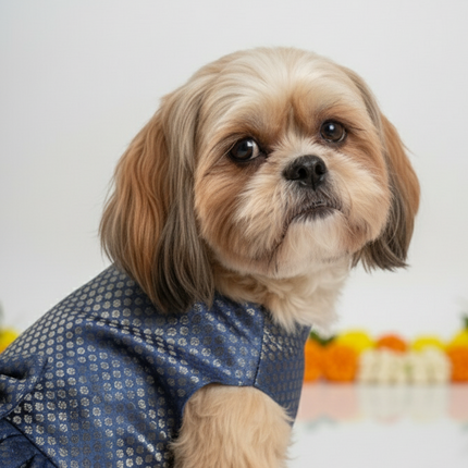PawTaaka Blue Brocade Bow Dress for Dogs - Festive & Ethnic Wear