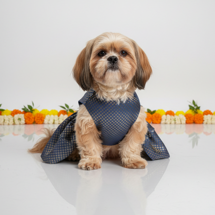 PawTaaka Blue Brocade Bow Dress for Dogs - Festive & Ethnic Wear