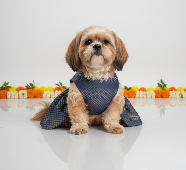 PawTaaka Blue Brocade Bow Dress for Dogs - Festive & Ethnic Wear