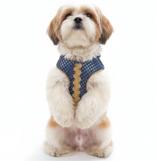 PawTaaka Luxe Gold Lace Harness & Leash – Royal Blue Festive Edition