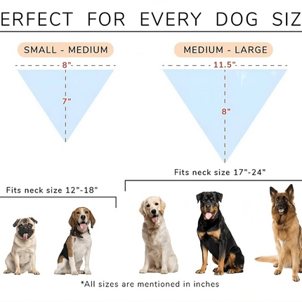 Size chart for Rakhi Combo for Dogs – PawTaaka Bandana + Rakhi Gift ₹499, showing small-medium and medium-large bandana dimensions for various dog breeds.