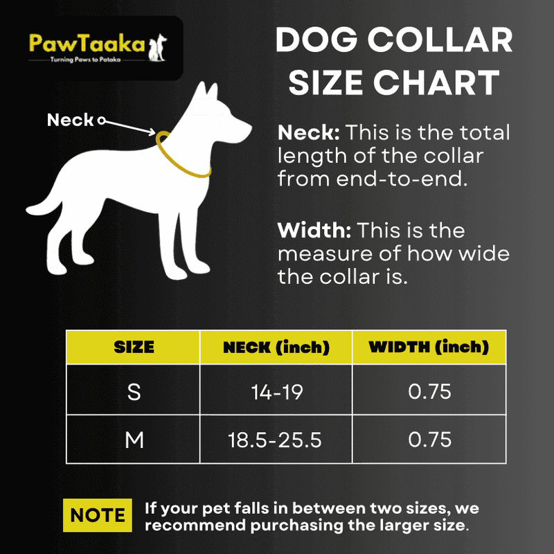 PawTaaka dog collar size chart showing neck and width measurements for small and medium sizes to ensure proper fit.