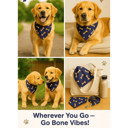 Lifestyle collage of dogs wearing PawTaaka Bone Vibes Dog Bandana in navy and yellow, perfect for walks, lounging, and outings.