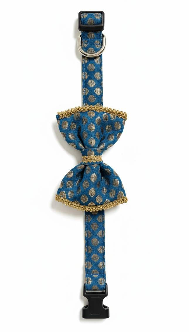 PawTaaka Blue Festive Bow Collar for Dogs & Cats | Adjustable Ethnic Pet Accessory