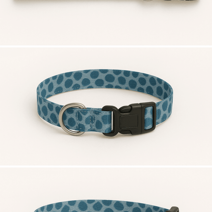 Three views of PawTaaka blue leopard print dog collar highlighting adjustable fit, sturdy buckle, and D-ring attachment.