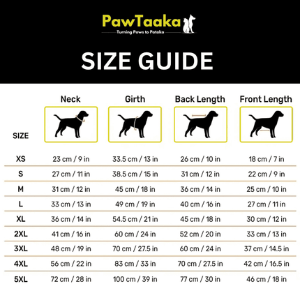 PawTaaka dog T-shirt size guide chart showing neck, girth, back and front length for XS to 5XL sizes in cm and inches.