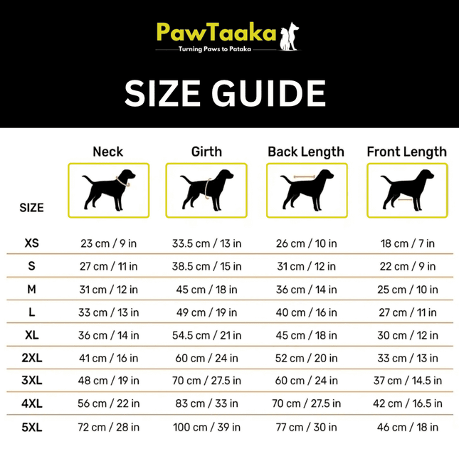 PawTaaka dog T-shirt size guide chart showing neck, girth, back and front length for XS to 5XL sizes in cm and inches.