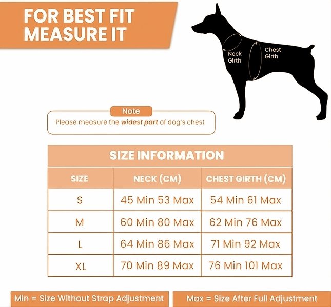Size chart for PawTaaka Reflective Camo Vest Harness showing neck and chest girth measurements for sizes S to XL for accurate dog fitting.