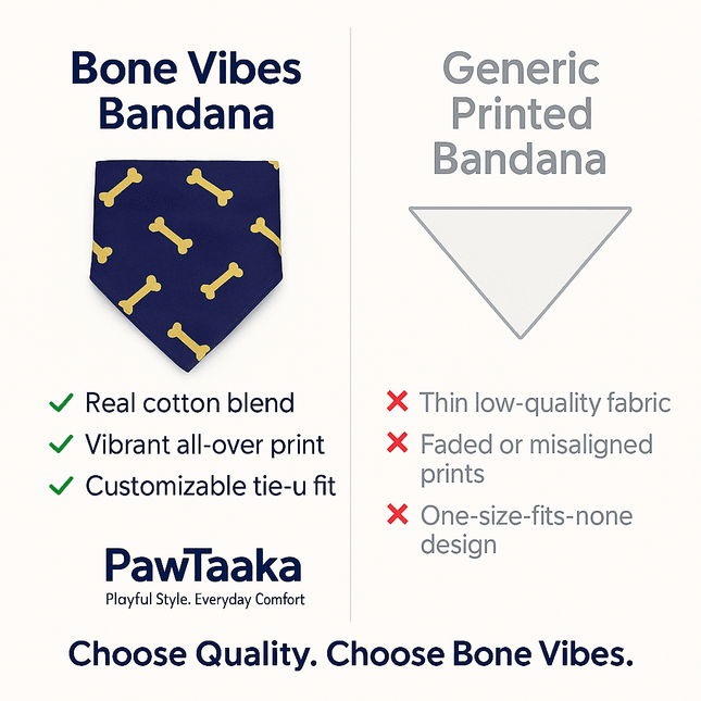 Comparison chart showing PawTaaka Bone Vibes Dog Bandana vs generic bandana, highlighting quality cotton and vibrant print benefits.