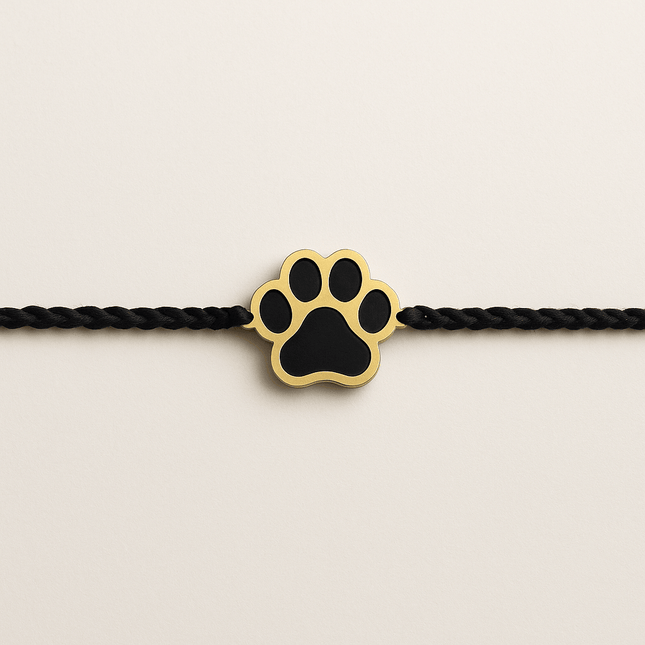 Rakhi Combo for Dogs – black and gold paw-shaped rakhi on braided black thread, part of the PawTaaka Bandana + Rakhi Gift ₹499 set.