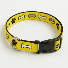 Emoji Munch Dog Collar by PawTaaka displayed flat, highlighting its bright yellow color and fun pet-themed icons.