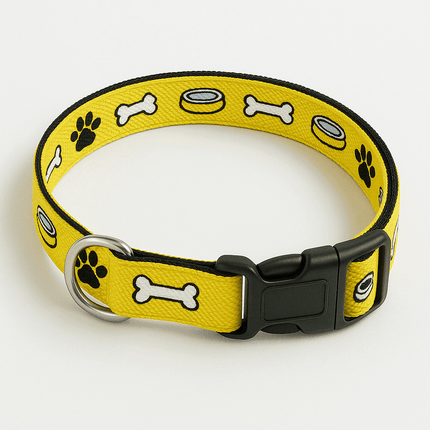 Emoji Munch Dog Collar by PawTaaka displayed flat, highlighting its bright yellow color and fun pet-themed icons.