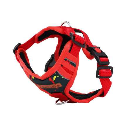 Angled view of PawTaaka Red & Black Dog Harness with reflective piping and paint-splatter pattern for stylish, safe dog walks.