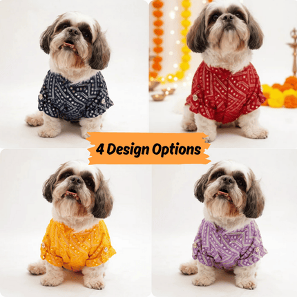 Four dogs wearing different colored shirts with text '4 Design Options' on a white background.