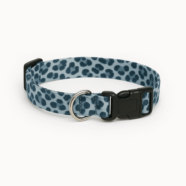 Blue leopard print dog collar by PawTaaka with black buckle and metal D-ring, ideal for stylish and durable pet wear.