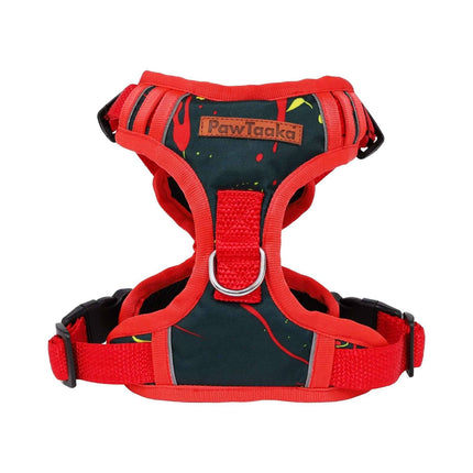 Back view of PawTaaka Red & Black Reflective Dog Harness with paint-splatter design and D-ring for leash attachment.