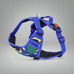 Side view of PawTaaka Blue Jungle Camo Burst Reflective Dog Harness showing breathable mesh lining and reflective trim for visibility.