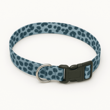 PawTaaka blue leopard print dog collar with adjustable strap, black buckle, and metal D-ring for leash attachment.