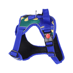 Top view of PawTaaka Blue Jungle Camo Dog Harness showing padded chest panel and metal leash ring for secure attachment.