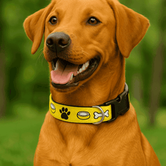 Dog wearing PawTaaka Emoji Munch Dog Collar outdoors, showcasing its vibrant yellow design and secure black buckle.