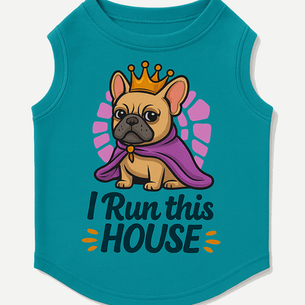 Teal PawTaaka Royal Ruler Dog T-Shirt with cartoon French Bulldog in crown and cape, sleeveless design for pet comfort and flair.