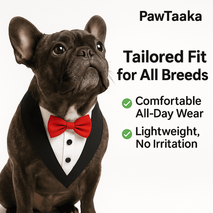 French bulldog in PawTaaka tuxedo dog bandana with red bowtie. Lightweight, comfortable fit for all-day wear and all dog breeds.