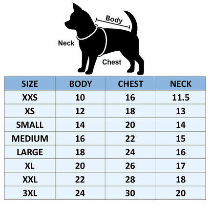 Dog t-shirt size chart showing body, chest, and neck measurements from XXS to 3XL, helping choose the right PawTaaka fit.