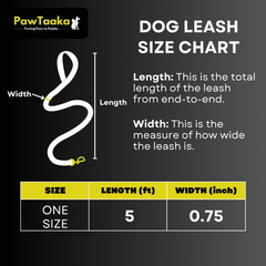 PawTaaka Green Pawtropolis Dog Leash size chart showing 5 ft length and 0.75 inch width, perfect for pet leash selection.