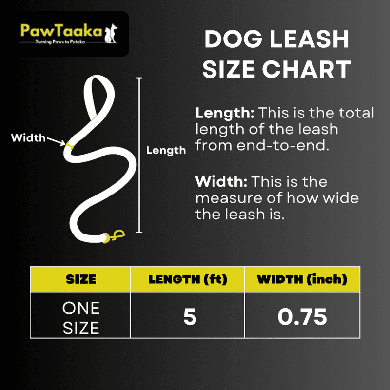 PawTaaka Green Pawtropolis Dog Leash size chart showing 5 ft length and 0.75 inch width, perfect for pet leash selection.