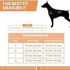 Size chart for PawTaaka Camo Burst Reflective Dog Vest Harness with neck and chest girth measurements for S to XL sizes.