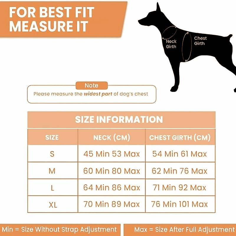 Size chart for PawTaaka Camo Burst Reflective Dog Vest Harness with neck and chest girth measurements for S to XL sizes.