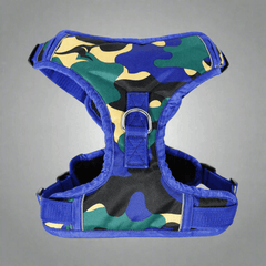 Back view of Blue Jungle Camo Burst Reflective Dog Harness by PawTaaka featuring D-ring and reinforced stitching for durability.