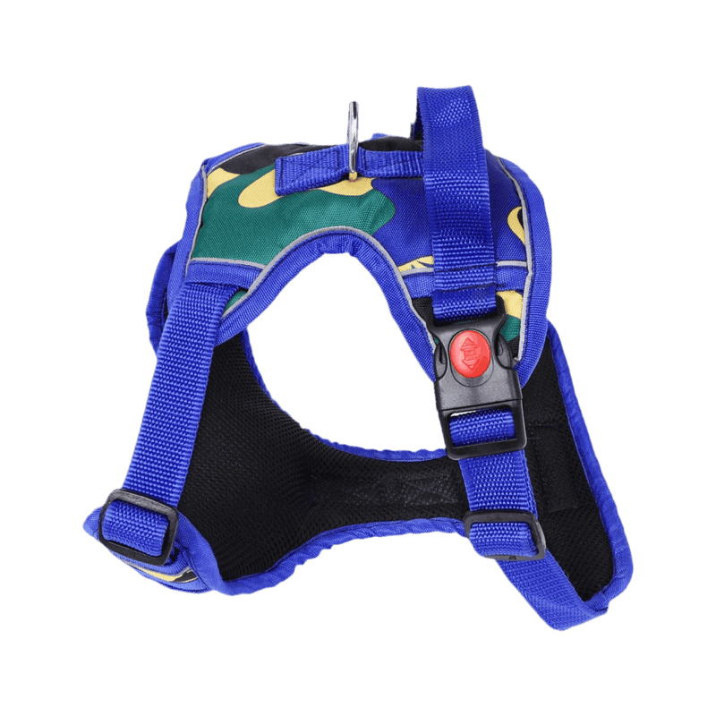 PawTaaka Camo Burst Reflective Dog Vest Harness in Blue Jungle print with adjustable straps and secure buckle for safe pet walks.