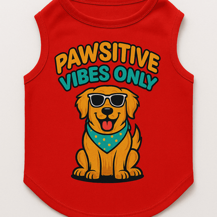Flat lay of PawTaaka red graphic dog t-shirt featuring 'Pawsitive Vibes Only' slogan and cartoon dog, perfect for stylish pet outfits.