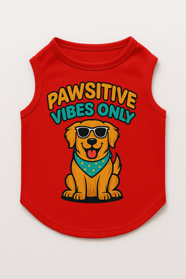 Flat lay of PawTaaka red graphic dog t-shirt featuring 'Pawsitive Vibes Only' slogan and cartoon dog, perfect for stylish pet outfits.