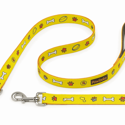 Yellow Snack Time Leash by PawTaaka with playful snack icons, durable metal clasp, and soft grip handle, ideal for stylish pet outings.