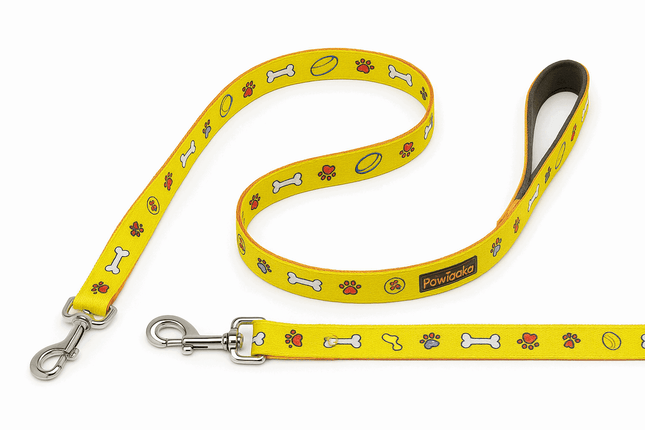 Yellow Snack Time Leash by PawTaaka with playful snack icons, durable metal clasp, and soft grip handle, ideal for stylish pet outings.