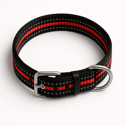 Top view of PawTaaka Flex Mode Reflective Dog Collar – Red & Black, featuring adjustable fit, metal D-ring, and sporty nylon design.